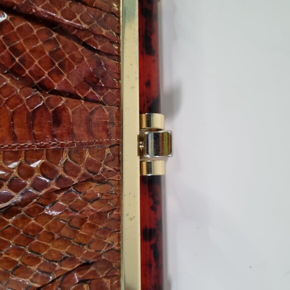 Vintage Brown Faux Snakeskin Clutch Bag with Tortoiseshell Handle & Gold Chain - Picture 5 of 6